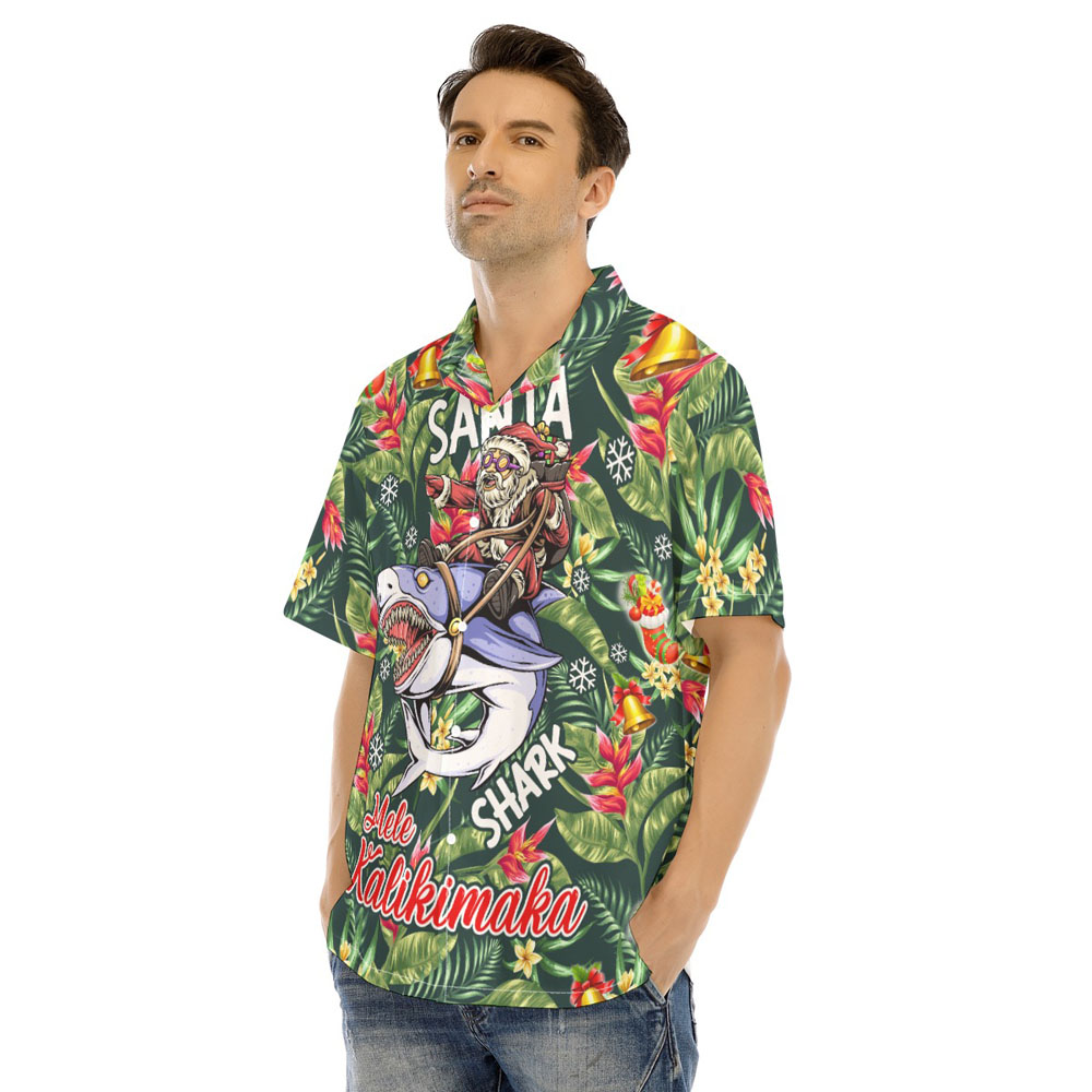 Mele Kalikimaka Santa Riding Shark Christmas Tropical Hawaiian Shirt