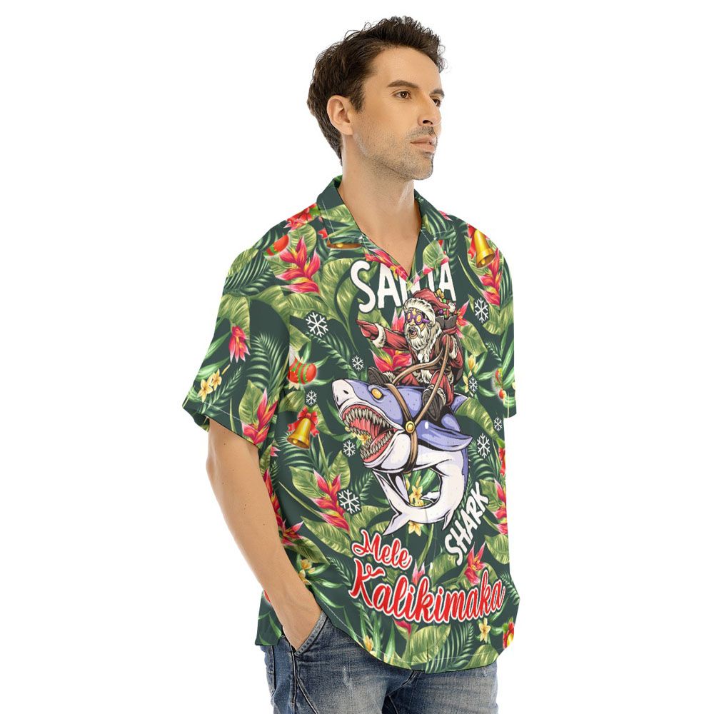 Mele Kalikimaka Santa Riding Shark Christmas Tropical Hawaiian Shirt