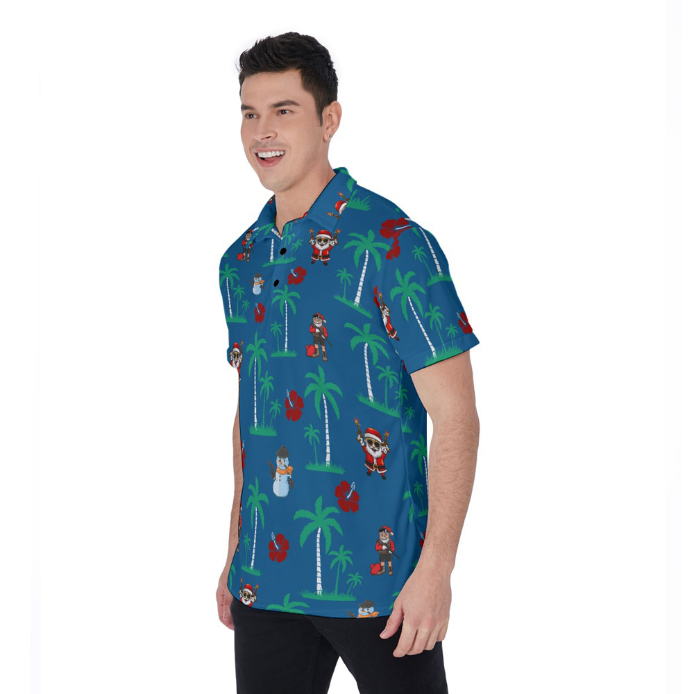 Tactical Santa Claus With Gun Christmas Navy Hawaiian Polo Shirt