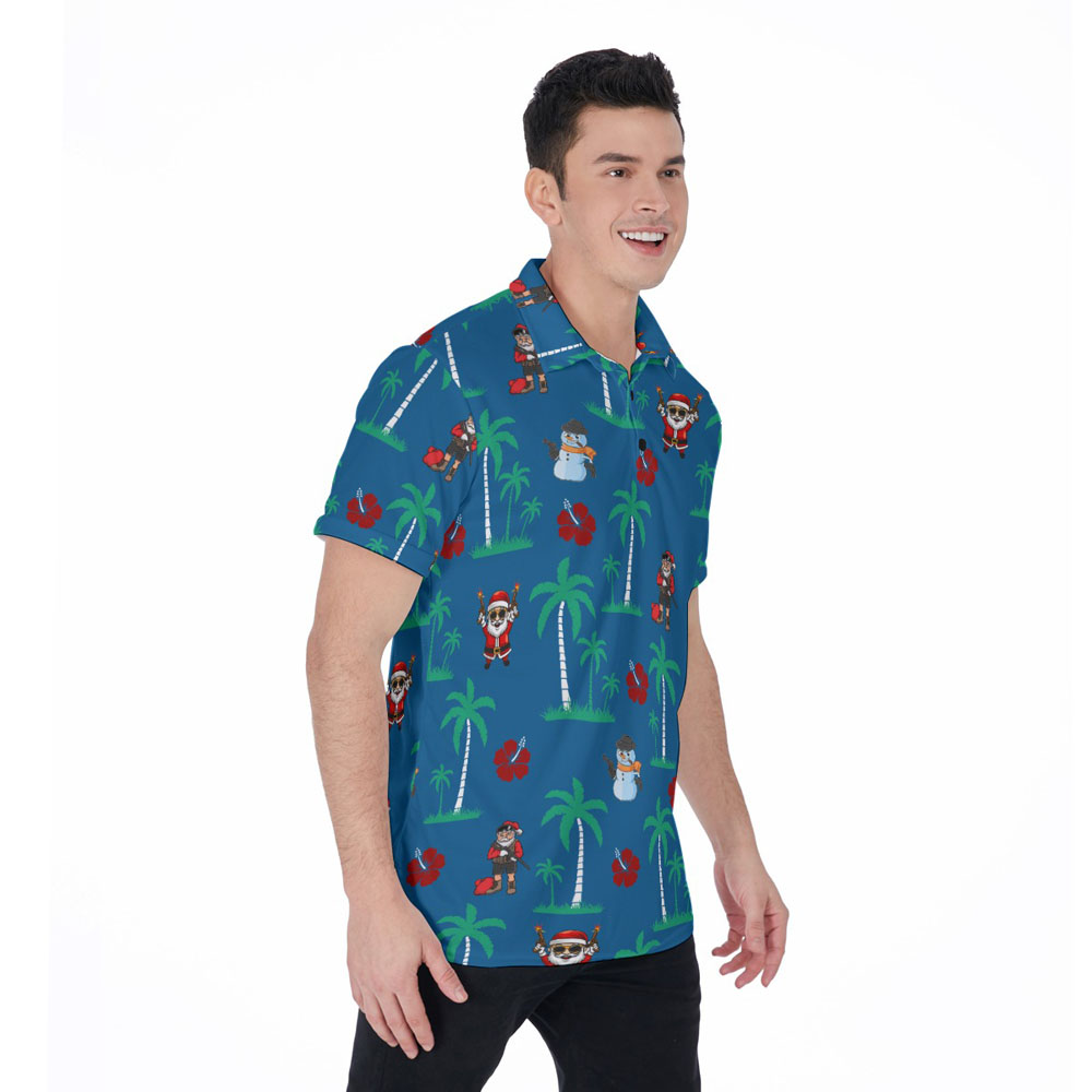 Tactical Santa Claus With Gun Christmas Navy Hawaiian Polo Shirt