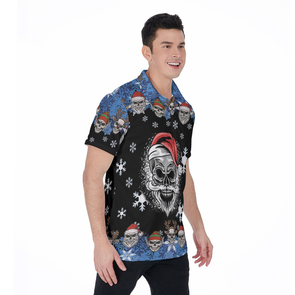 Cool Christmas Skull Navy Hawaiian Polo Shirt