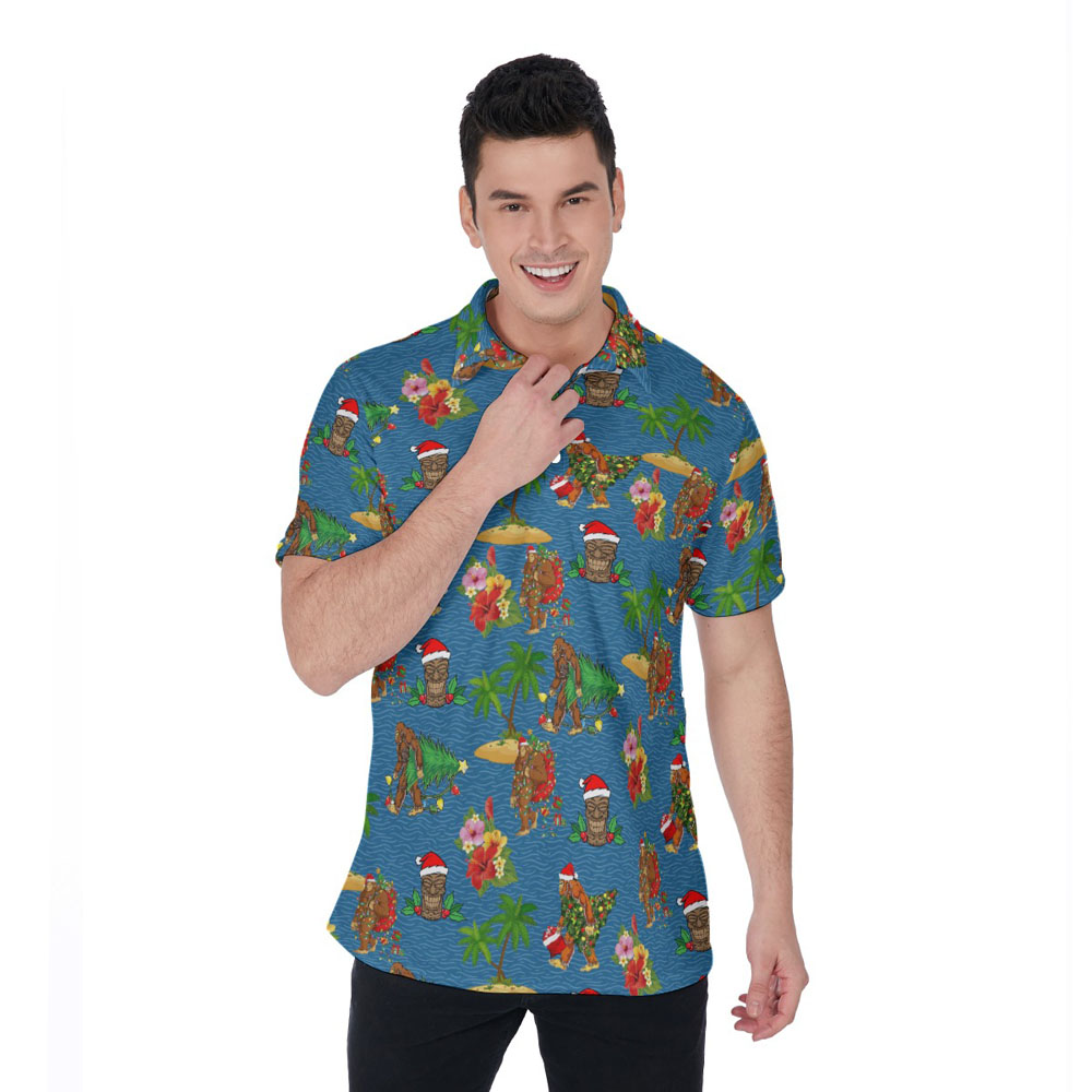 Christmas Tiki Sasquatch Navy Hawaiian Polo Shirt For Men - variant image 1