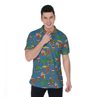Christmas Tiki Sasquatch Navy Hawaiian Polo Shirt For Men