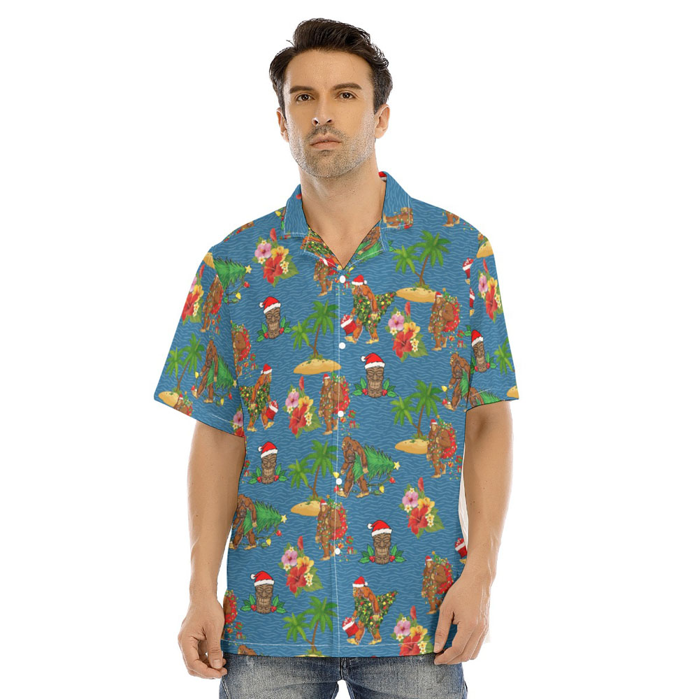 Christmas Bigfoot Tiki Navy Hawaiian Shirt - variant image 1