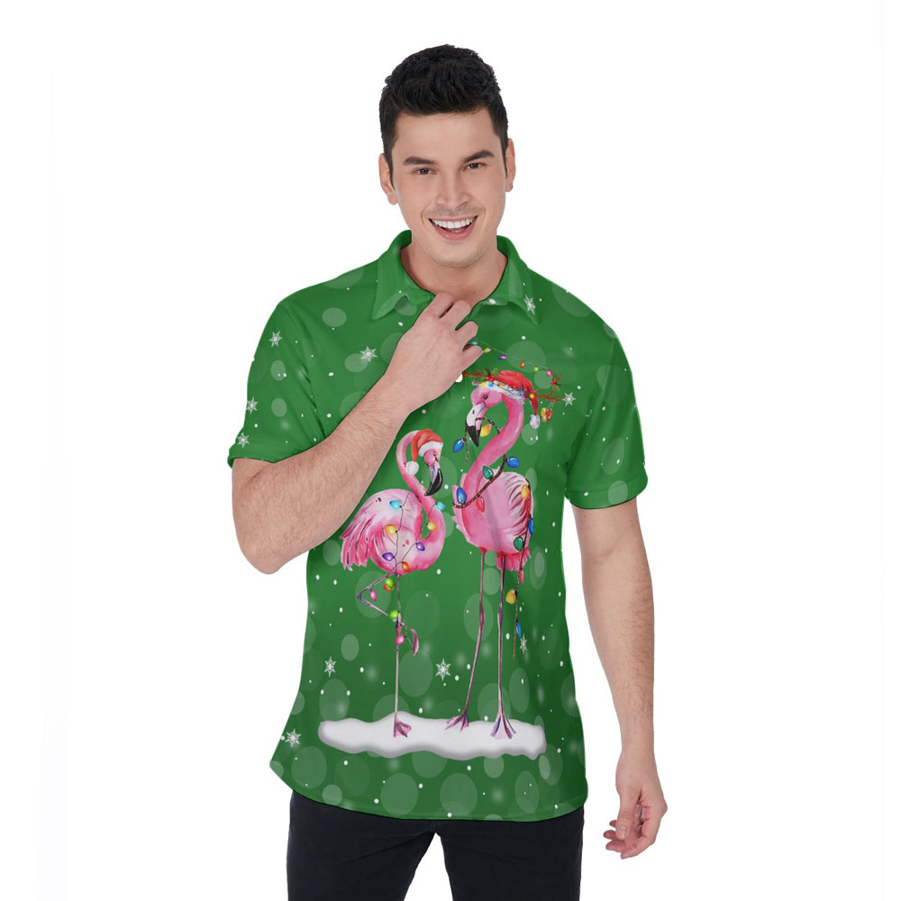 Funny Christmas Flamingo Green Hawaiian Polo Golf Shirt For Men - variant image 1