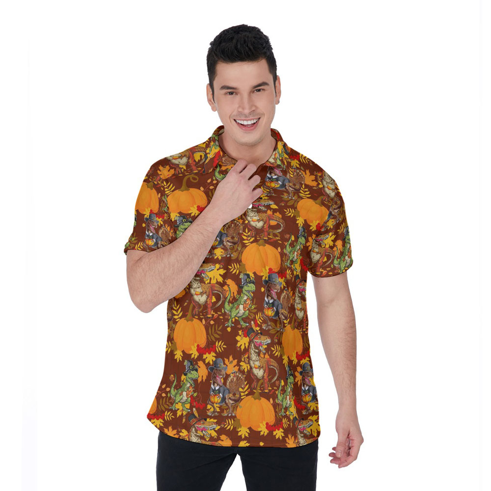 Funny Dinosaur Pumpkin Thanksgiving Hawaiian Polo Shirt - variant image 1