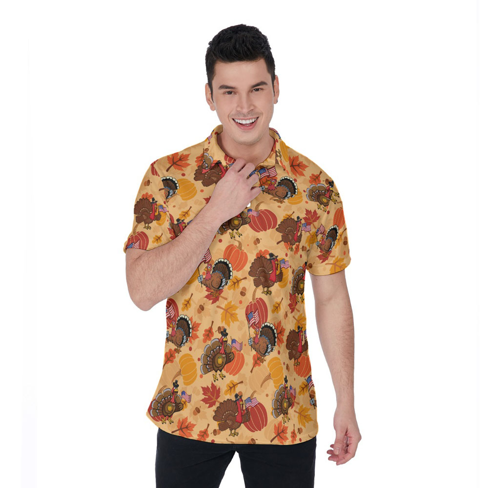 Turkey American Flag Thanksgiving Pumpkin Hawaiian Polo Shirt - variant image 1