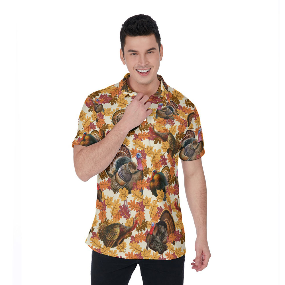 Autumn Leave Turkey Thanksgiving Orange Hawaiian Polo Shirt - variant image 1