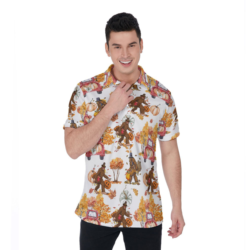 Thanksgiving Bigfoot Turkey Orange Pumpkin Hawaiian Polo Shirt - variant image 1
