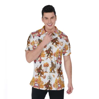 Thanksgiving Bigfoot Turkey Orange Pumpkin Hawaiian Polo Shirt