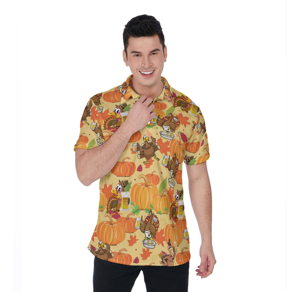 Thanksgiving Turkey Drinking Beer Pumpkin Hawaiian Polo Shirt - variant image 1