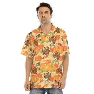 Funny Turkey Beer Thanksgiving Pumpkin Orange Hawaiian Shirt