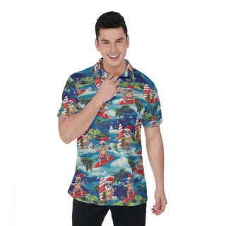 Tropical Island Surfing Santa Christmas Hawaiian Polo Shirt