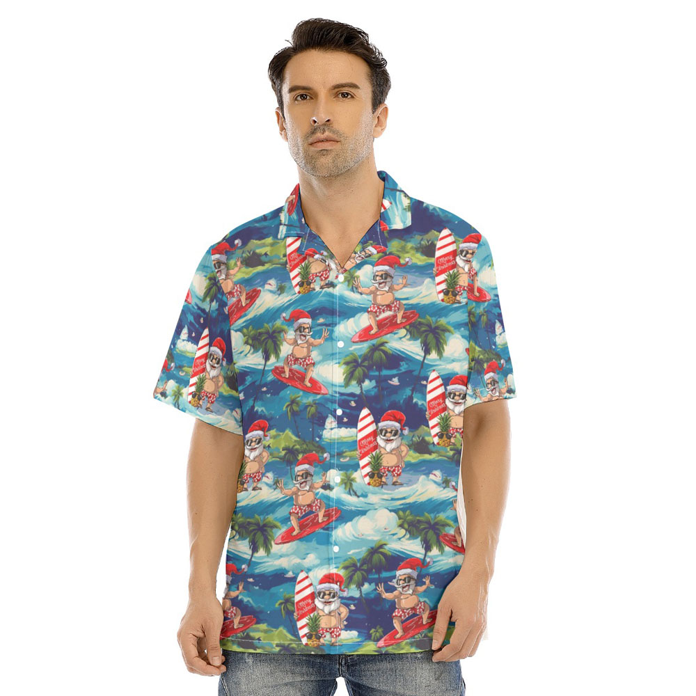 Funny Santa Surfing Tropical Island Hawaiian Shirt - variant image 1