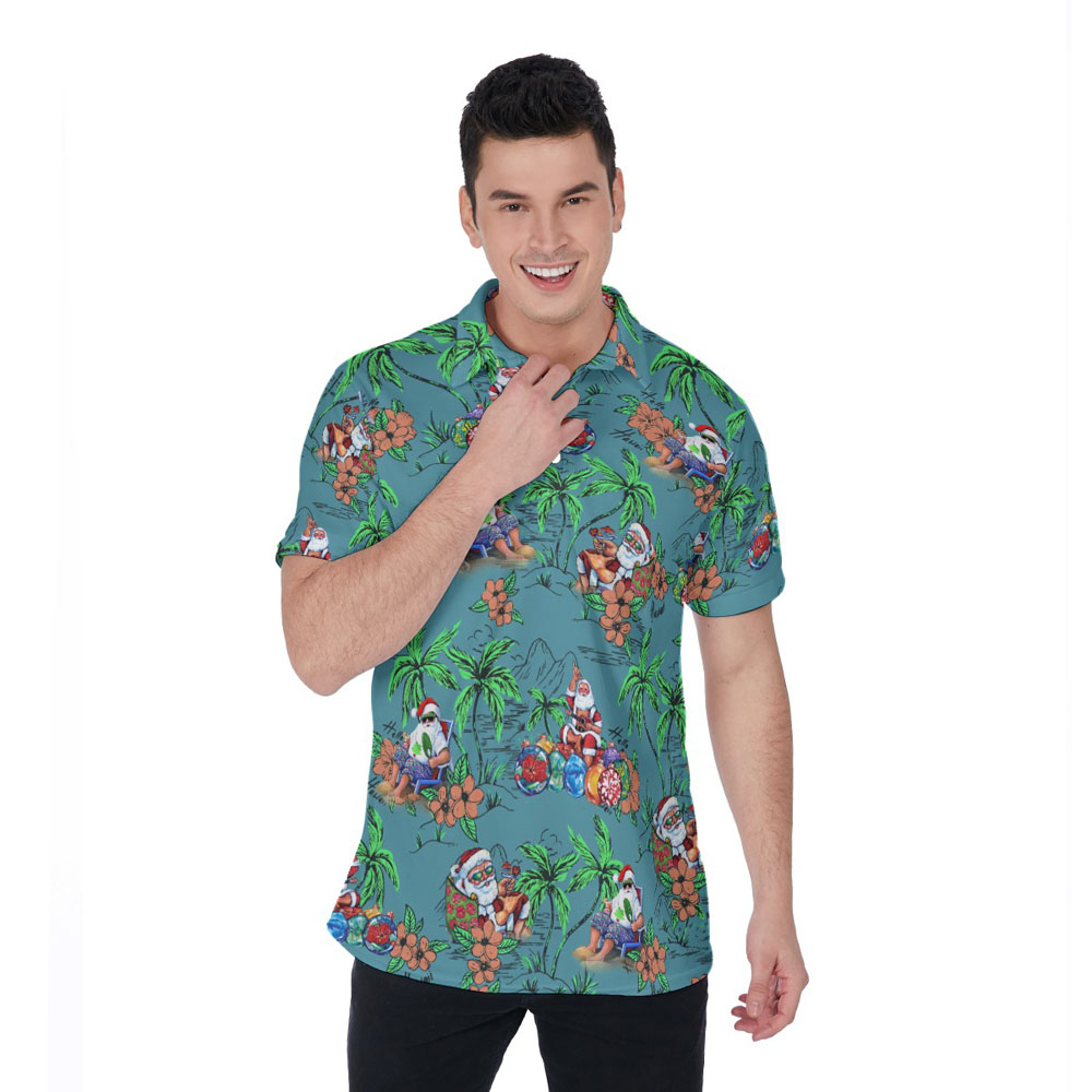 Vintage Palm Tree Christmas Santa Summer Hawaiian Polo Golf Shirt - variant image 1