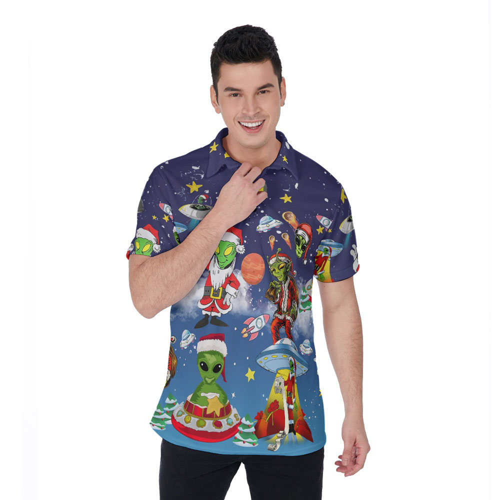Funny UFO Alien Christmas Hawaiian Polo Shirt - variant image 1