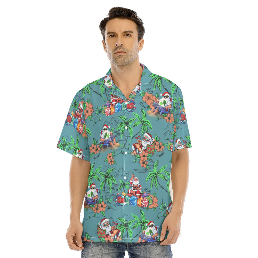 Vintage Summer Santa Claus Palm Tree Green Hawaiian Shirt - variant image 1