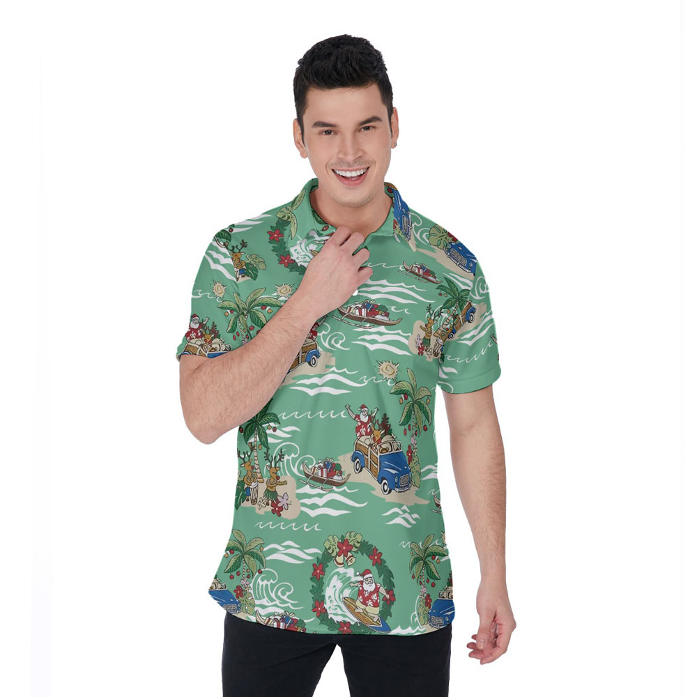 Vintage Santa Christmas On Beach Green Hawaiian Polo Shirt For Men - variant image 1