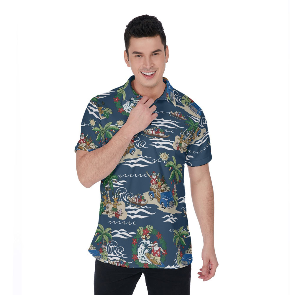 Cute Santa Claus On Beach Christmas Vintage Hawaiian Polo Shirt - variant image 1