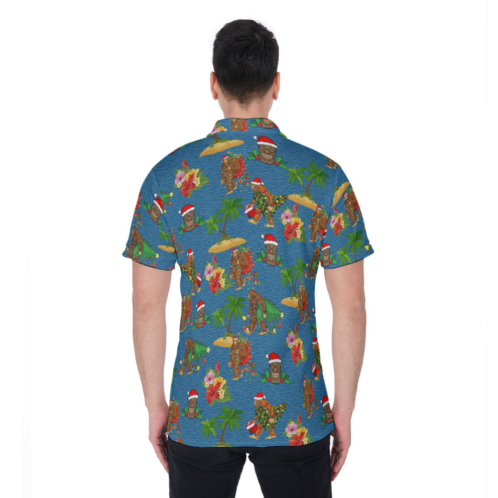 Christmas Tiki Sasquatch Navy Hawaiian Polo Shirt For Men