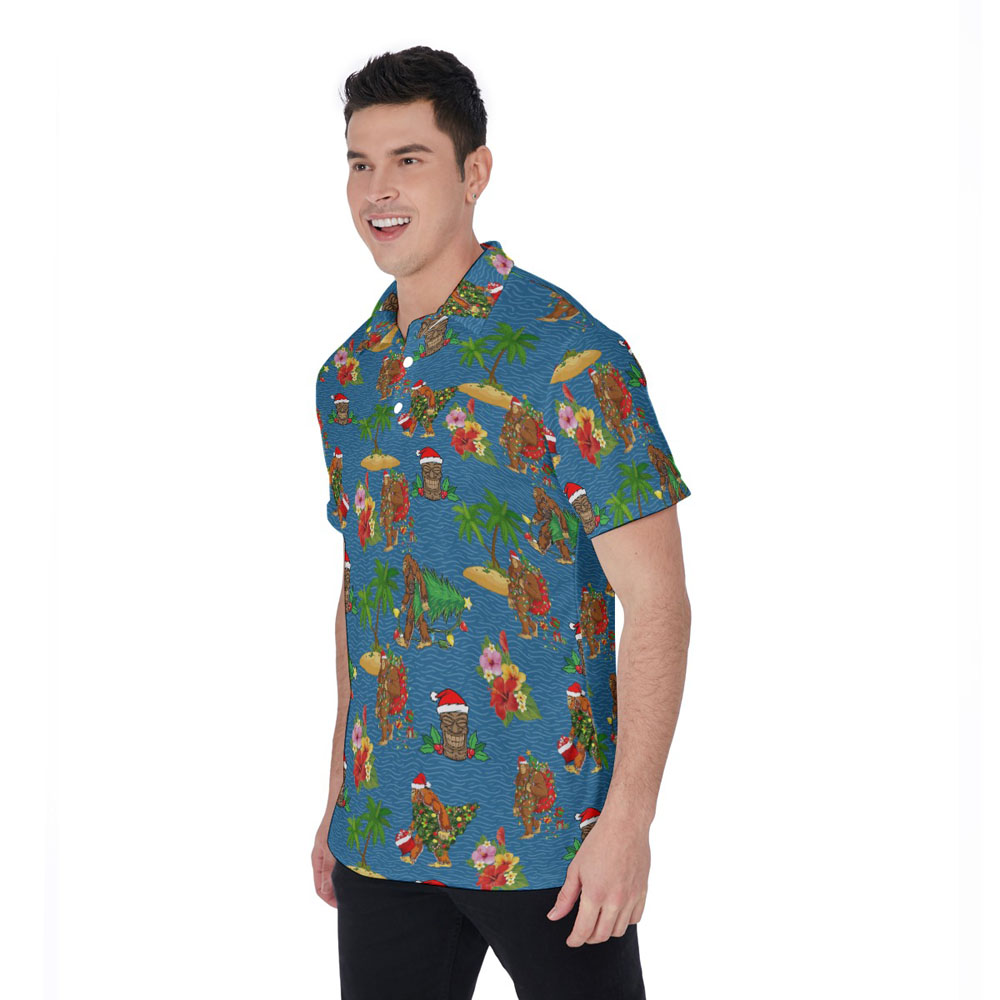 Christmas Tiki Sasquatch Navy Hawaiian Polo Shirt For Men