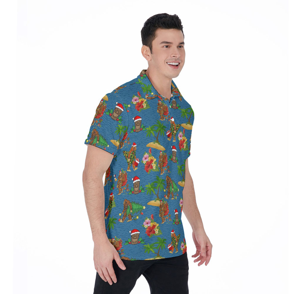 Christmas Tiki Sasquatch Navy Hawaiian Polo Shirt For Men