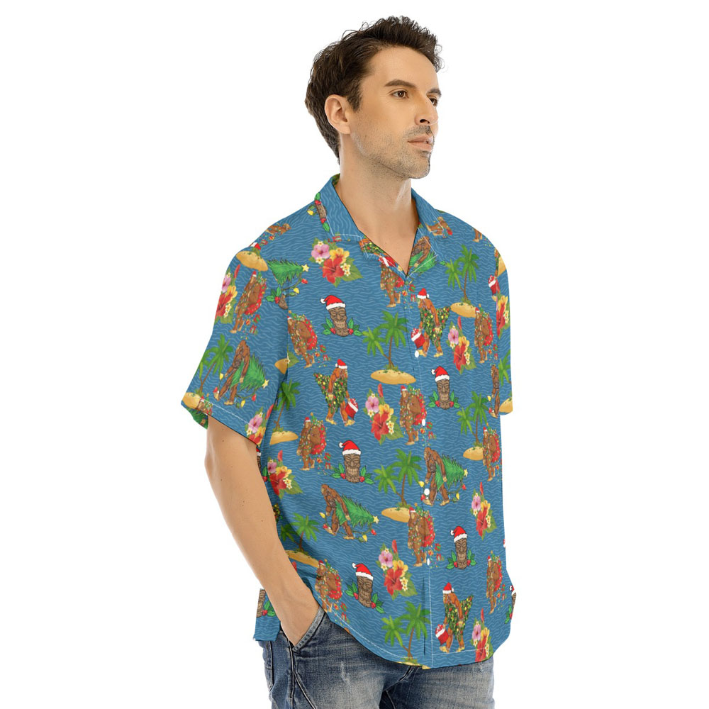 Christmas Bigfoot Tiki Navy Hawaiian Shirt