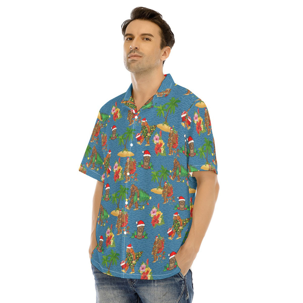 Christmas Bigfoot Tiki Navy Hawaiian Shirt
