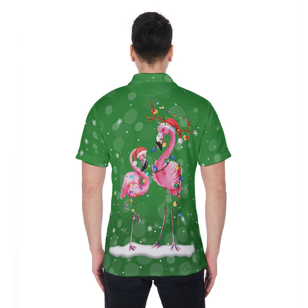 Funny Christmas Flamingo Green Hawaiian Polo Golf Shirt For Men