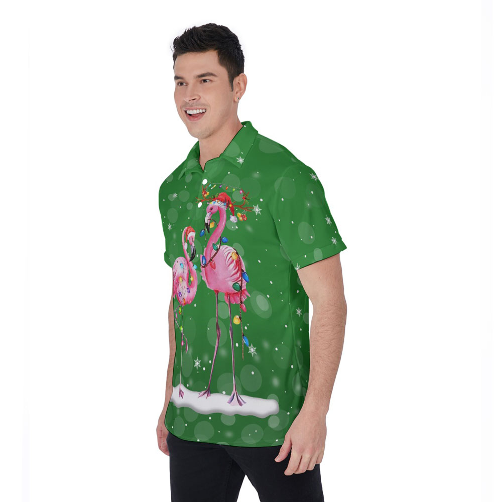 Funny Christmas Flamingo Green Hawaiian Polo Golf Shirt For Men