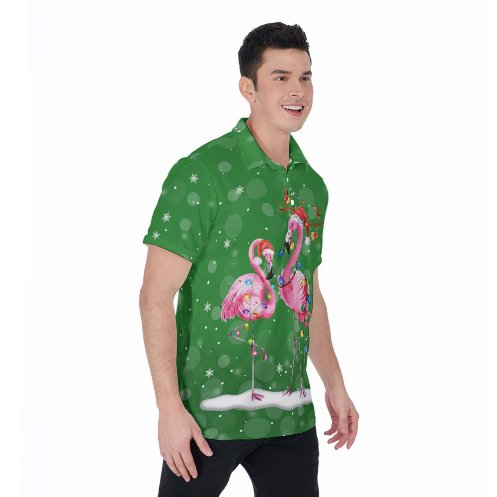 Funny Christmas Flamingo Green Hawaiian Polo Golf Shirt For Men