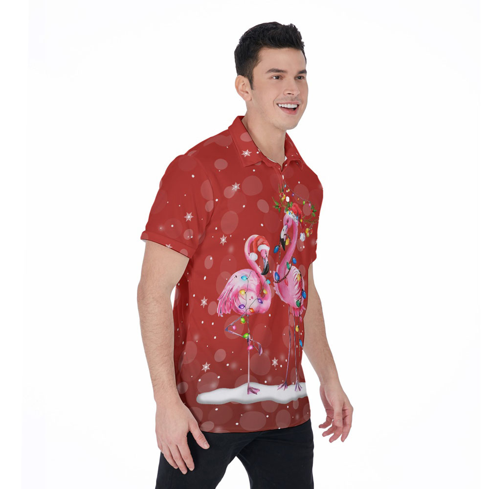 Christmas Flamingo Men's Hawaiian Polo Shirt
