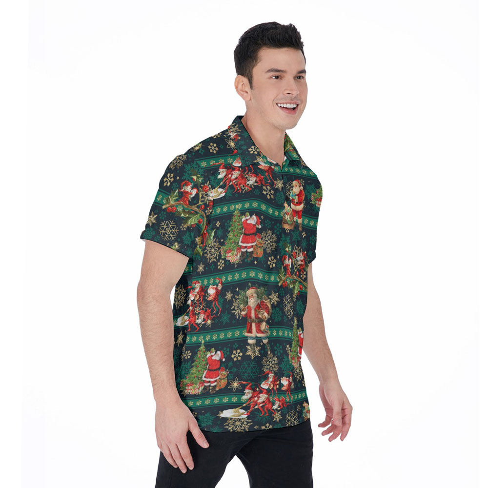 Christmas Santa Claus Vintage Green Hawaiian Polo Shirt