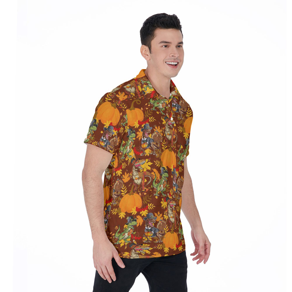 Funny Dinosaur Pumpkin Thanksgiving Hawaiian Polo Shirt