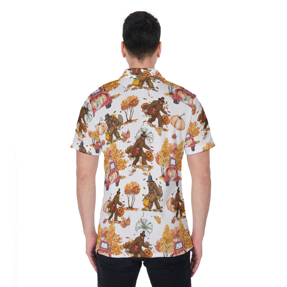 Thanksgiving Bigfoot Turkey Orange Pumpkin Hawaiian Polo Shirt