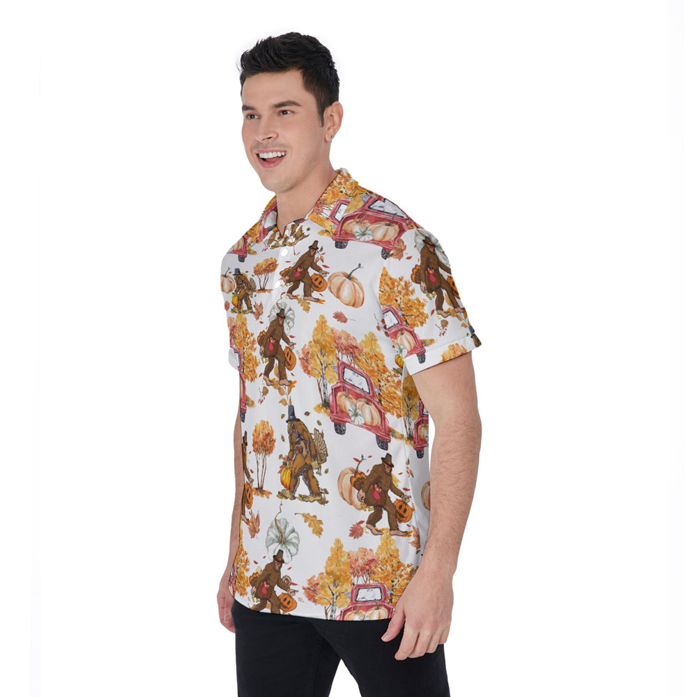 Thanksgiving Bigfoot Turkey Orange Pumpkin Hawaiian Polo Shirt