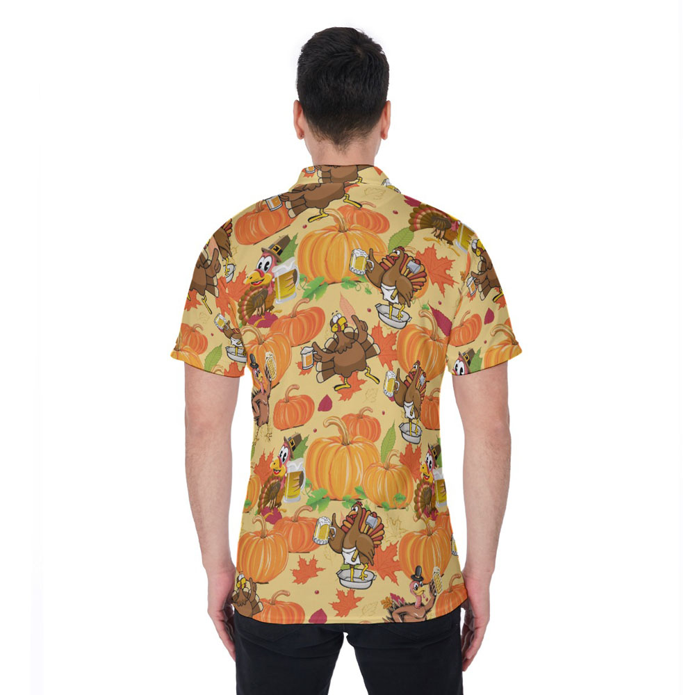 Thanksgiving Turkey Drinking Beer Pumpkin Hawaiian Polo Shirt