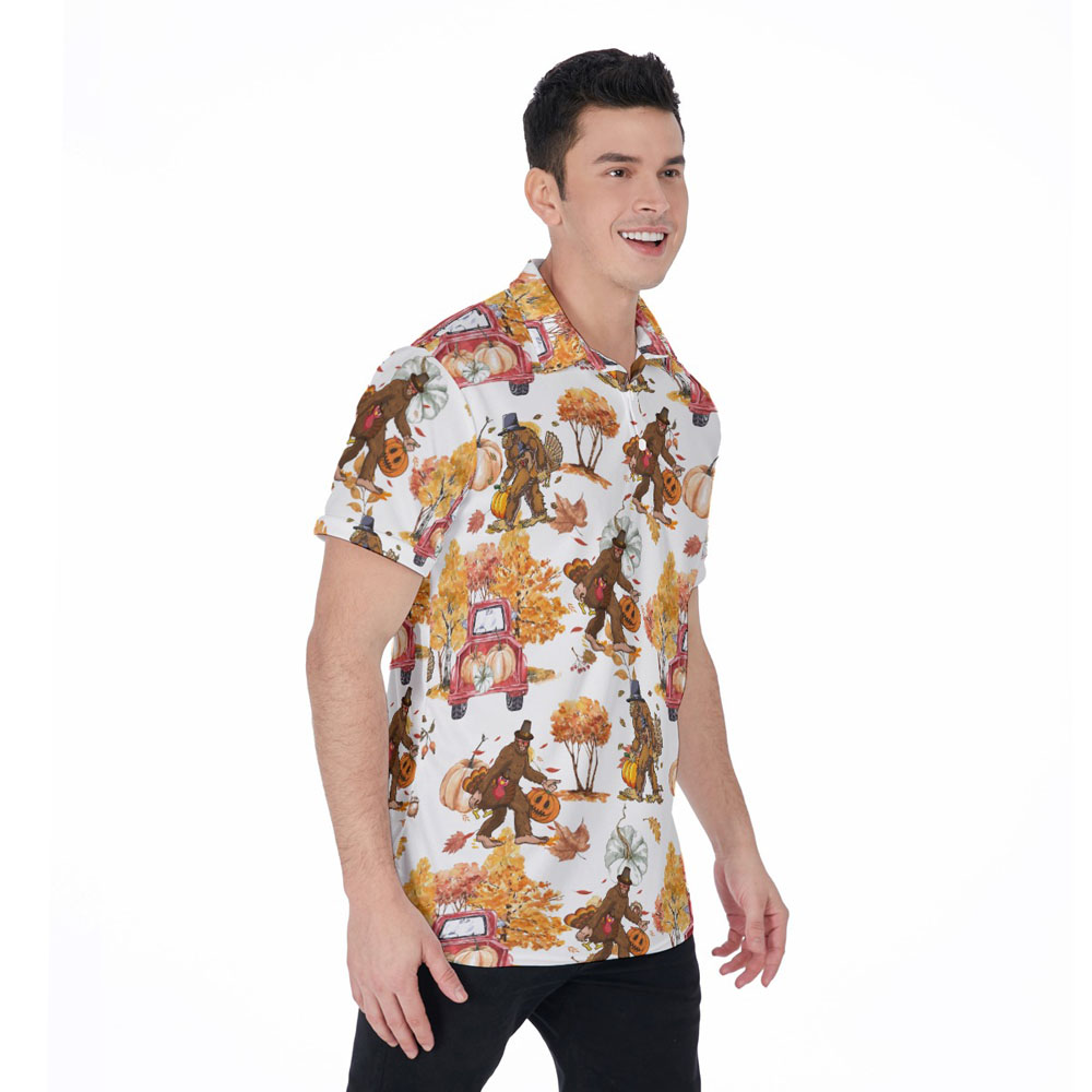 Thanksgiving Bigfoot Turkey Orange Pumpkin Hawaiian Polo Shirt