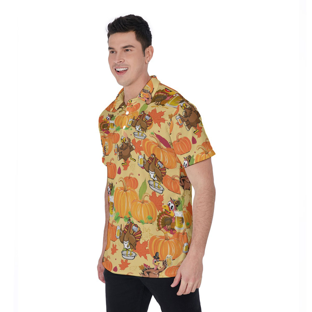 Thanksgiving Turkey Drinking Beer Pumpkin Hawaiian Polo Shirt