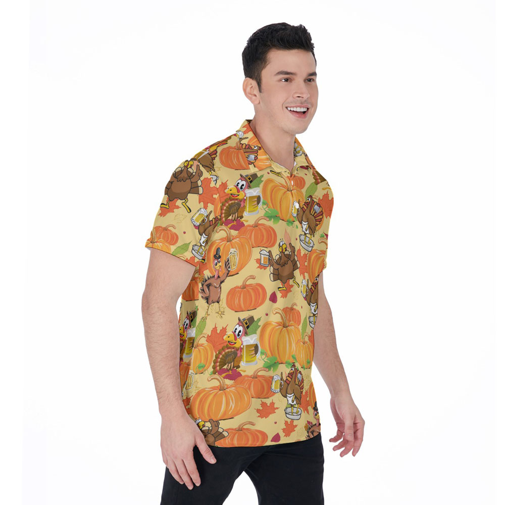 Thanksgiving Turkey Drinking Beer Pumpkin Hawaiian Polo Shirt