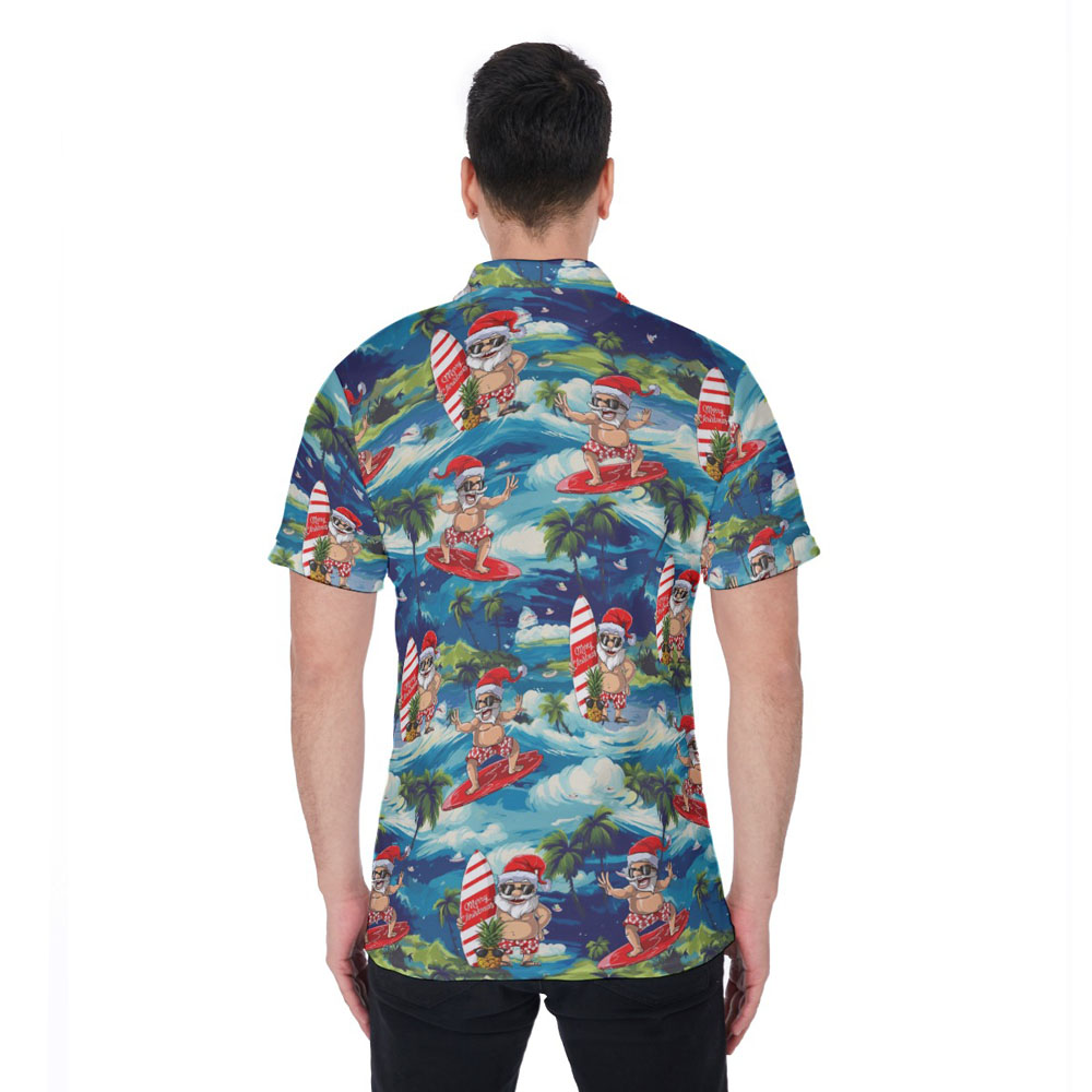 Tropical Island Surfing Santa Christmas Hawaiian Polo Shirt