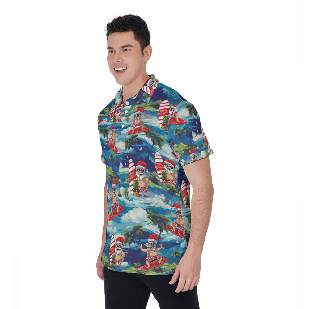 Tropical Island Surfing Santa Christmas Hawaiian Polo Shirt