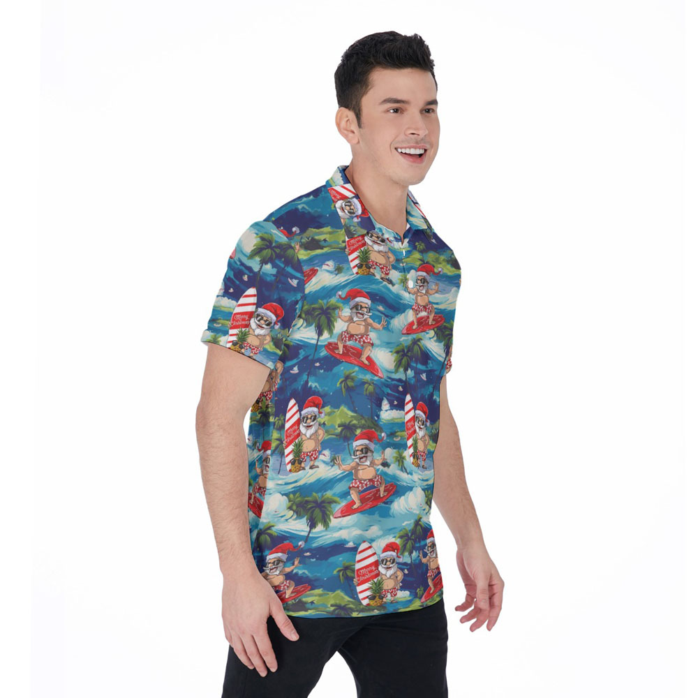Tropical Island Surfing Santa Christmas Hawaiian Polo Shirt