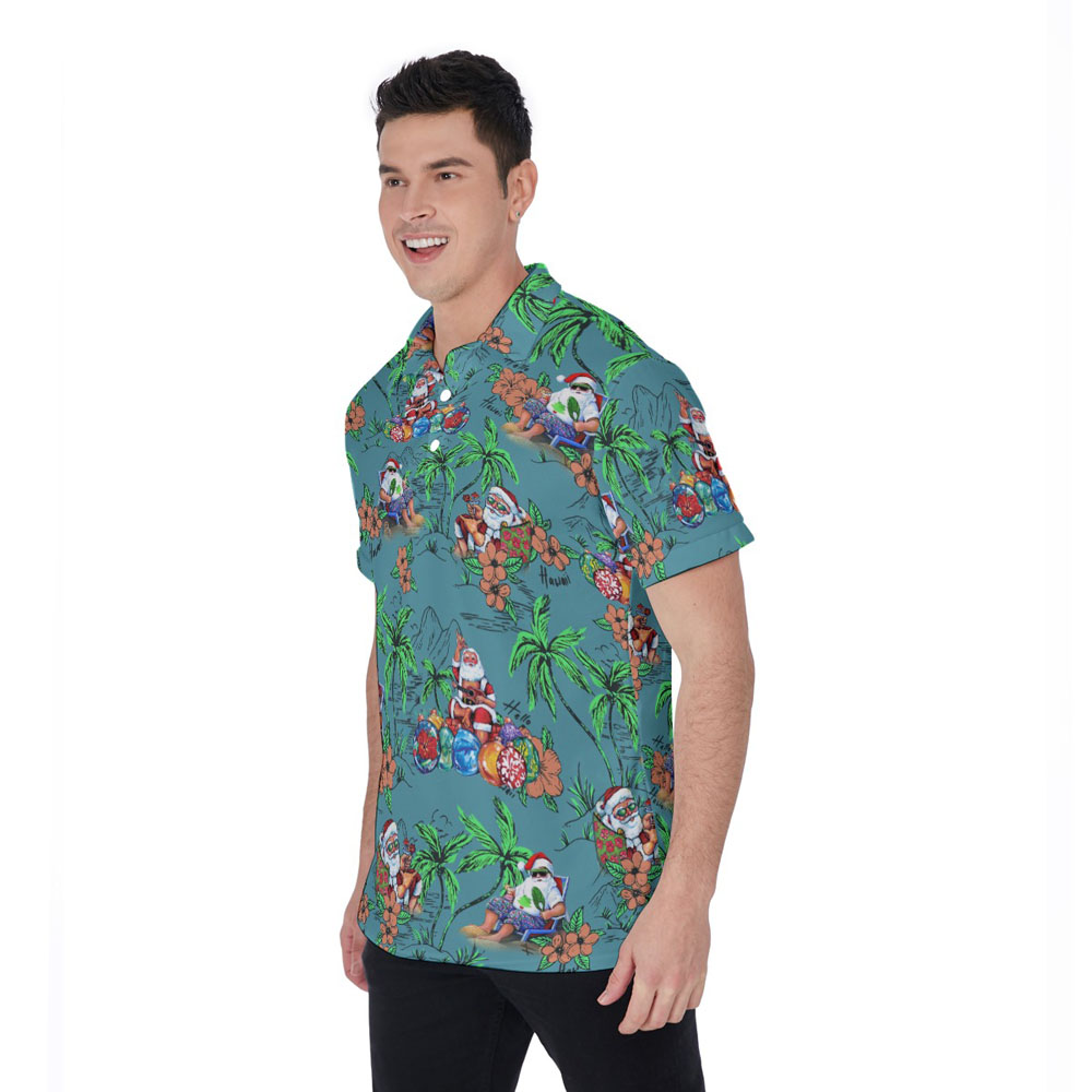 Vintage Palm Tree Christmas Santa Summer Hawaiian Polo Golf Shirt
