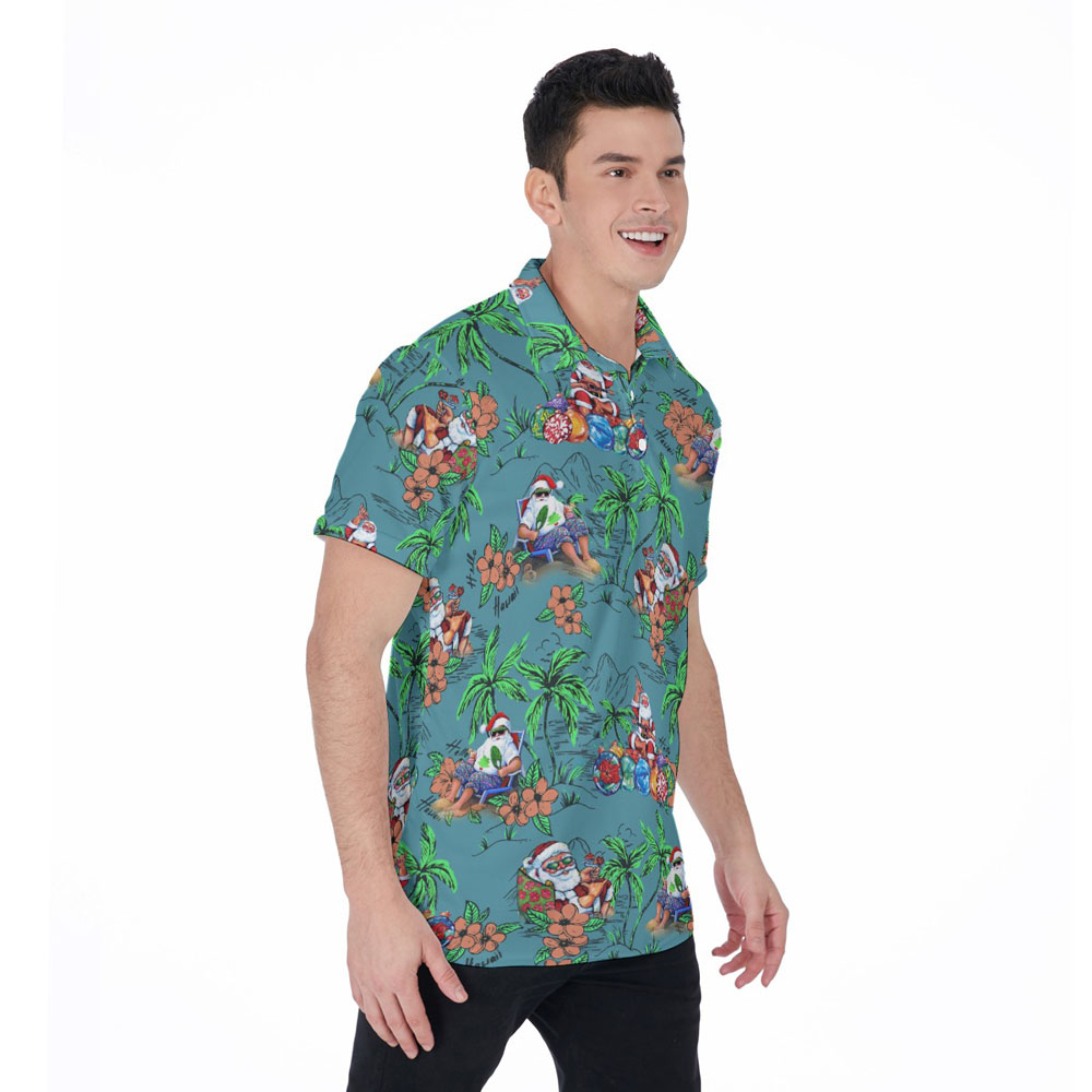 Vintage Palm Tree Christmas Santa Summer Hawaiian Polo Golf Shirt