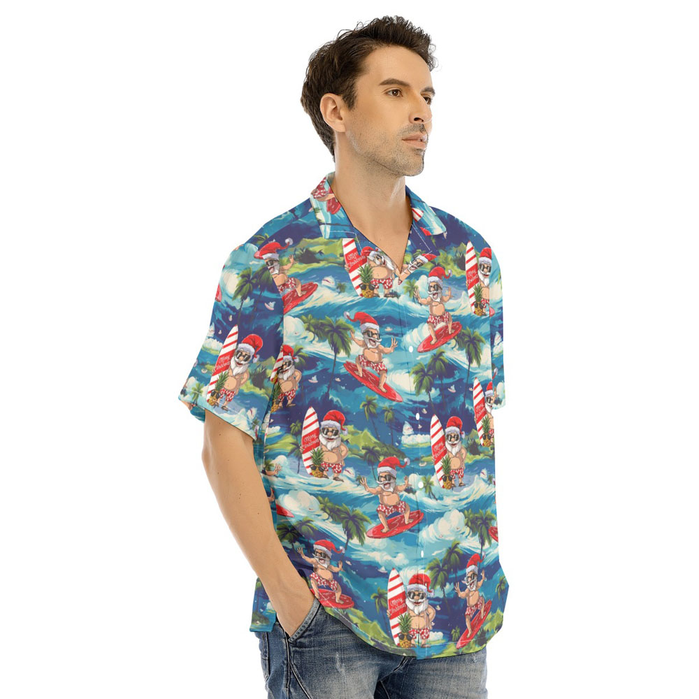 Funny Santa Surfing Tropical Island Hawaiian Shirt
