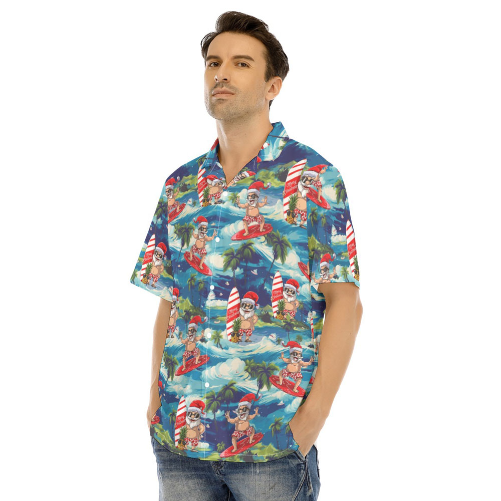 Funny Santa Surfing Tropical Island Hawaiian Shirt