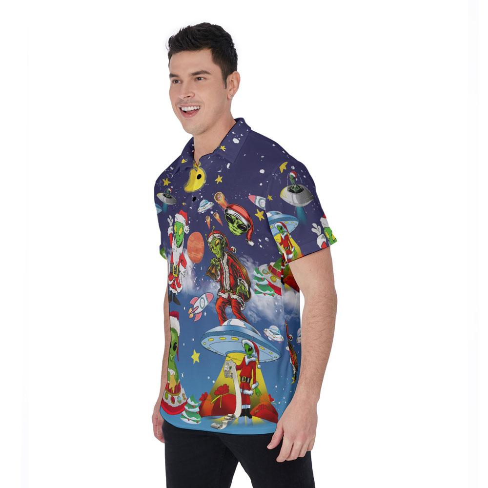 Funny UFO Alien Christmas Hawaiian Polo Shirt