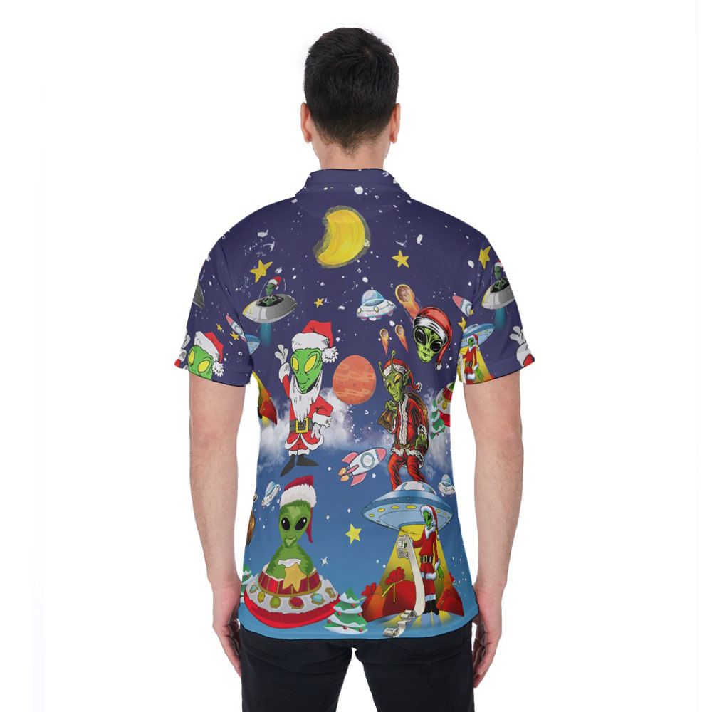 Funny UFO Alien Christmas Hawaiian Polo Shirt