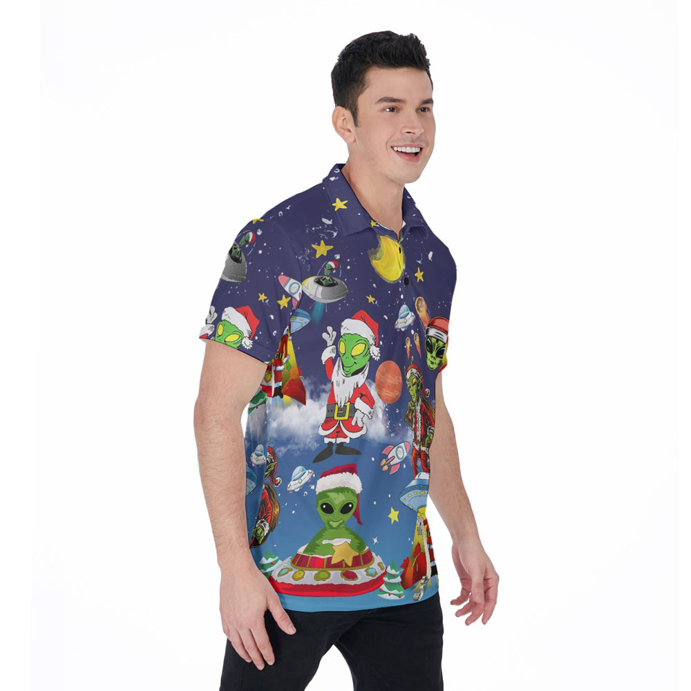 Funny UFO Alien Christmas Hawaiian Polo Shirt